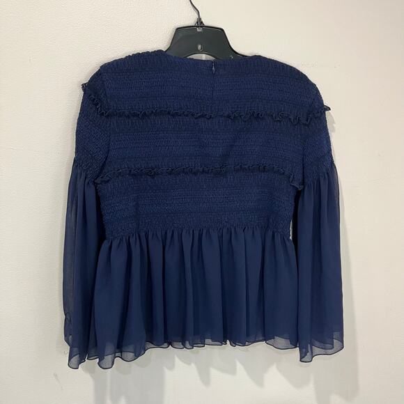 See By Chloe Dark Navy Peasant Top Sheer Sleeves Smocked Bodice Boho Sz 4 - Picture 7 of 13